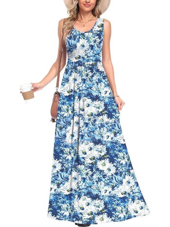 Dresses & Skirts - Women's Blue White Chrysanthemum Sleeveless Stylish Beach Vacation Maxi Dress